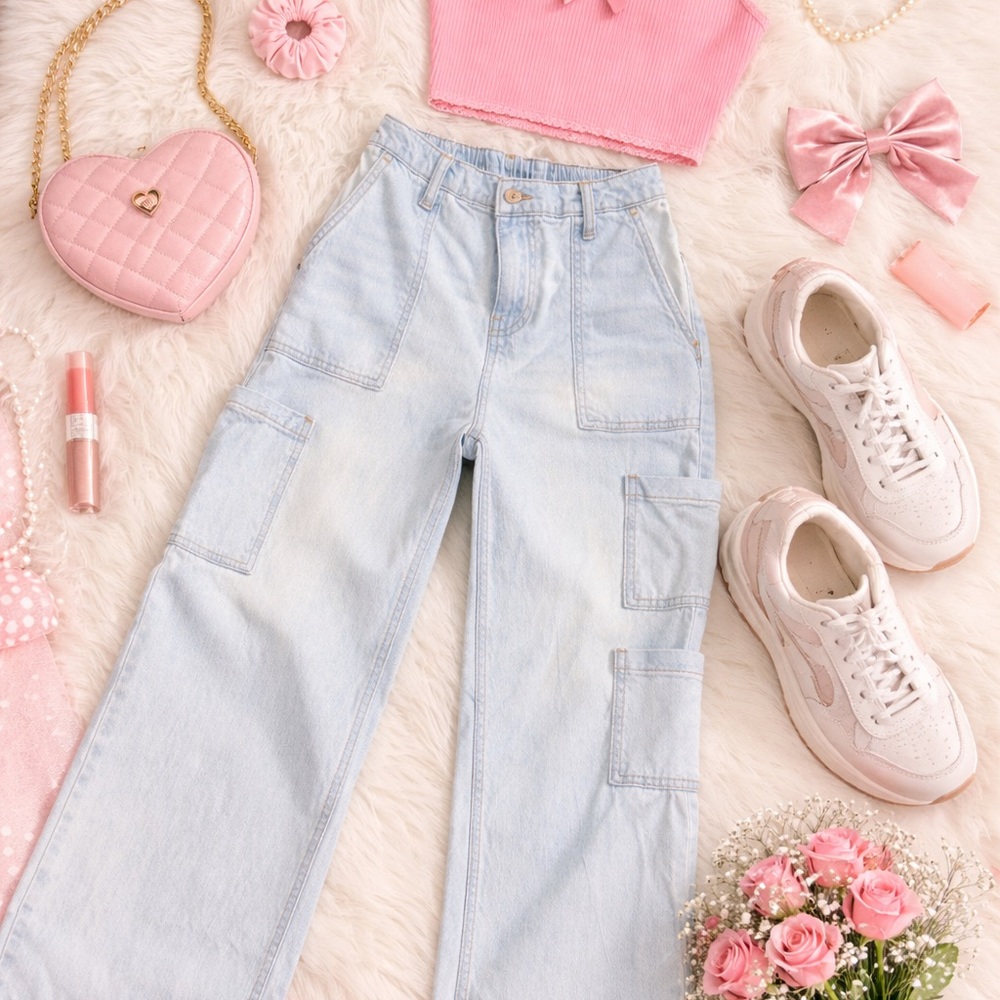 No Boundaries Light Blue Wide-Leg Cargo Jeans
